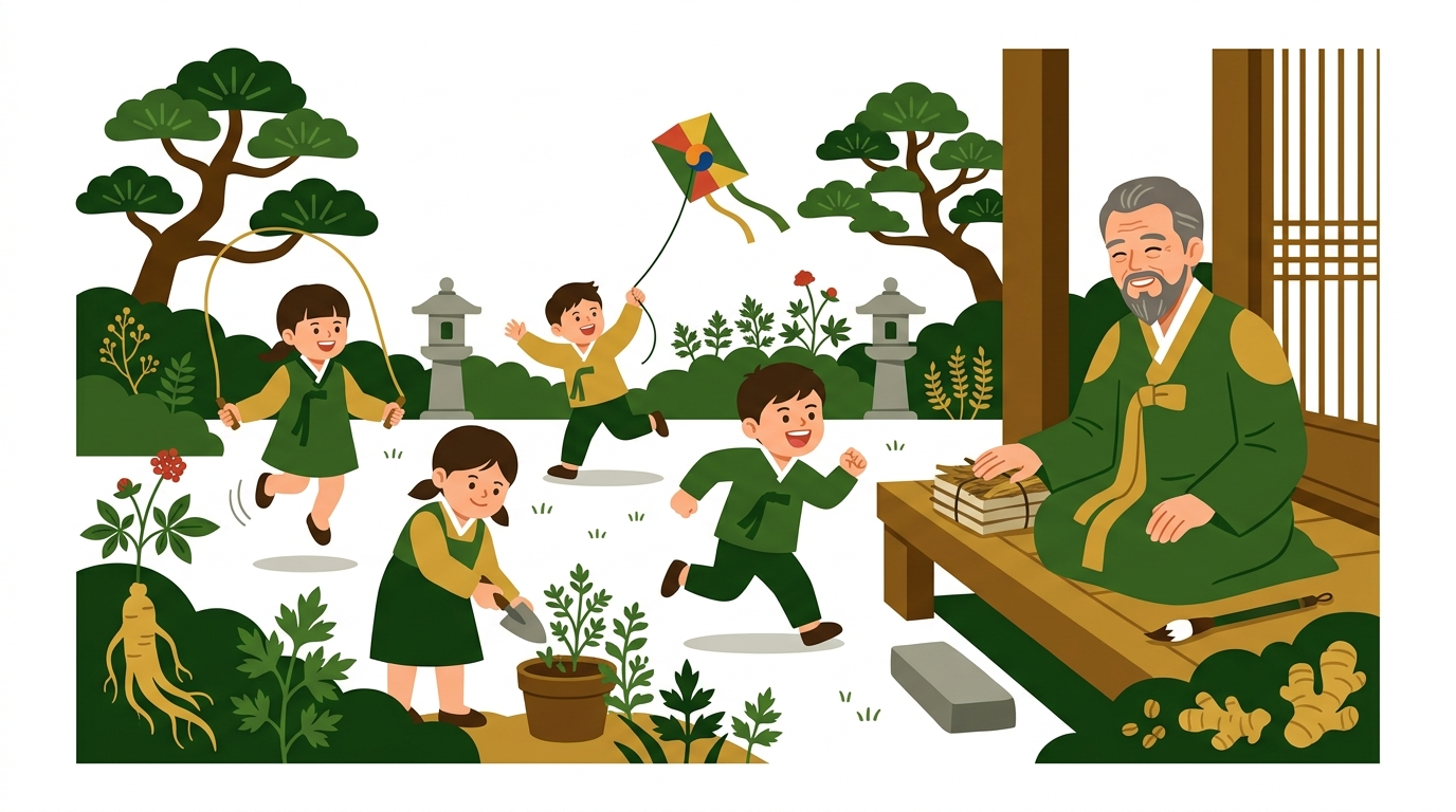 밝고 건강해진 아이들이 마당에서 뛰어놀고 있고, 그 모습을 한 한의사가 미소 지으며 바라보고 있다.